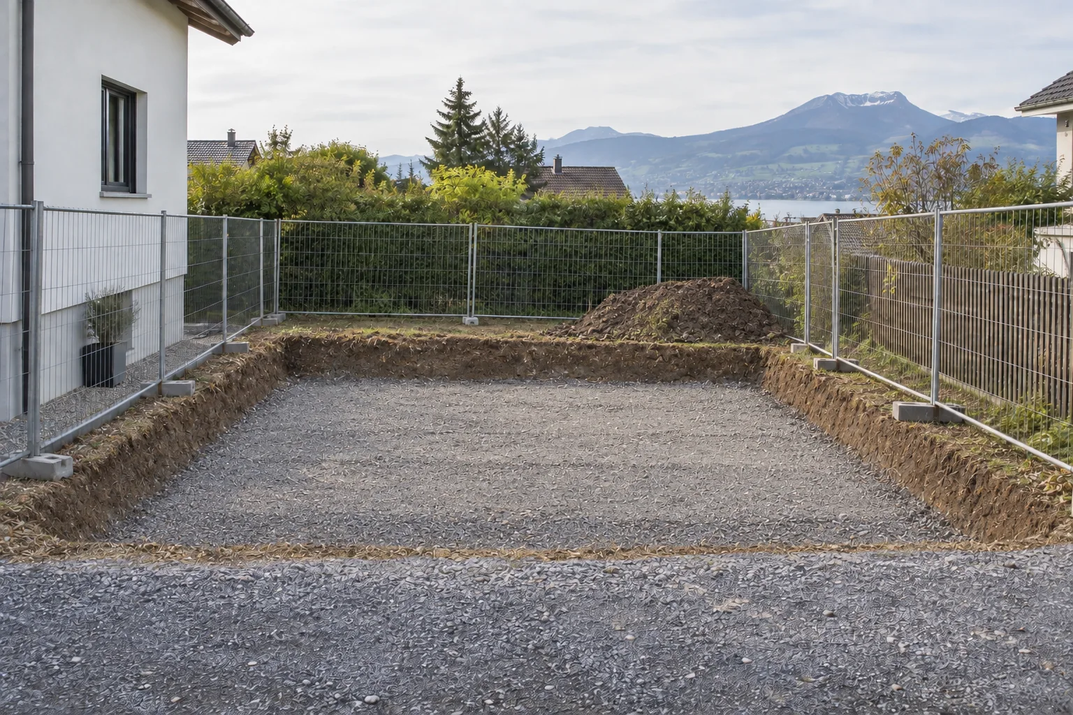Abgesperrte Fläche mit vorbereitetem flachem Aushub