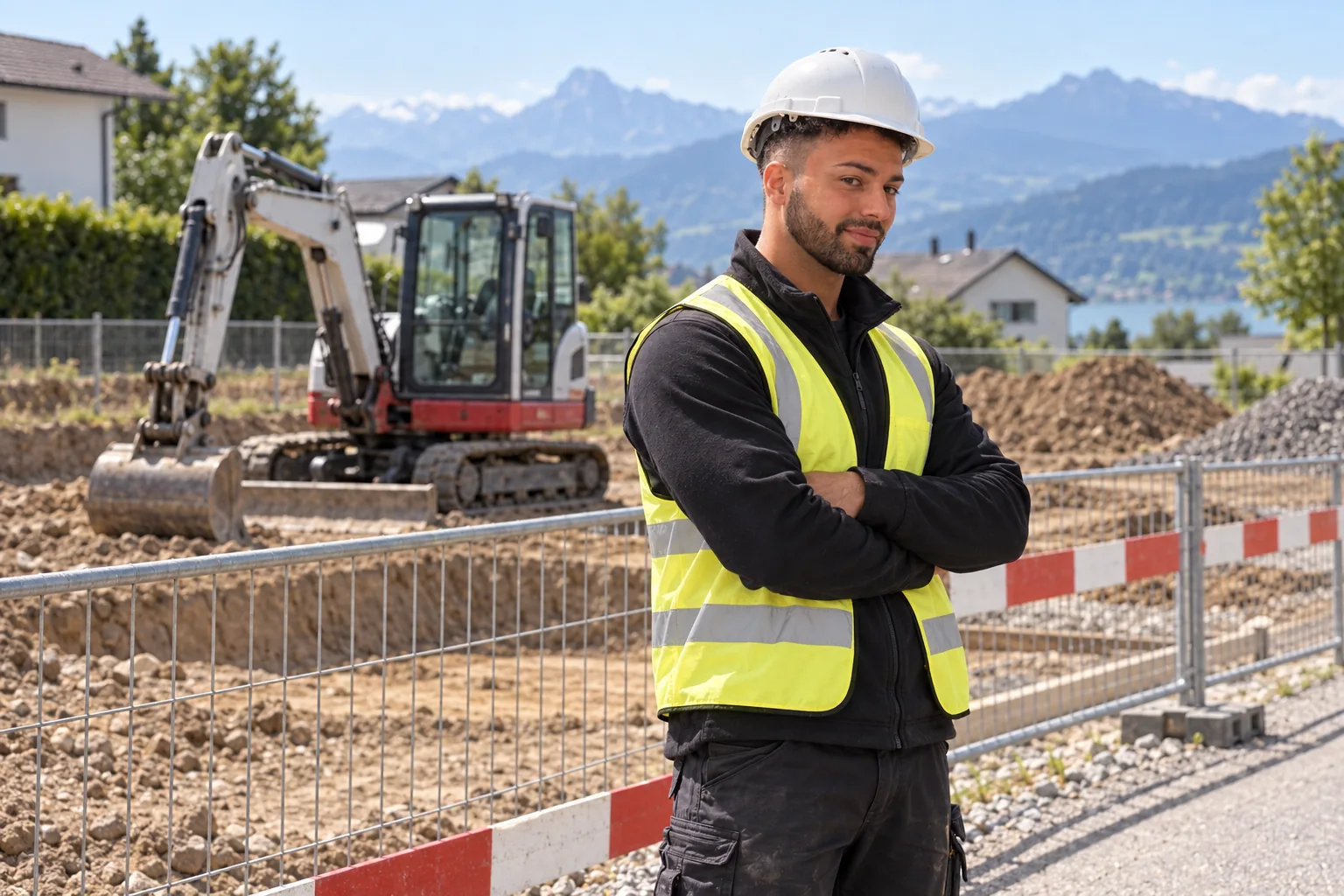 Hannes Punz mit Schutzkleidung ausserhalb eines abgesicherten Erdbaufeldes